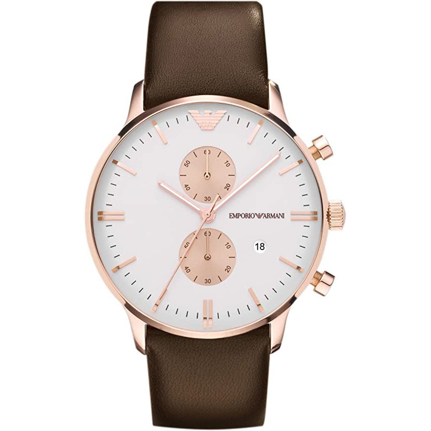 Emporio Armani Men's Rose Gold Chronograph Watch with White Dial and Brown Leather Strap - AR0398
